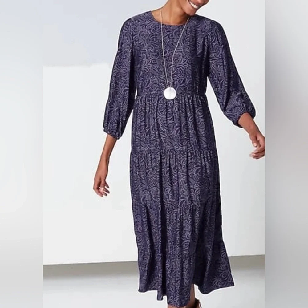 J. Jill Paisley Print Tiered Midi Dress Long Sleeve Cottagecore Boho Plum XS